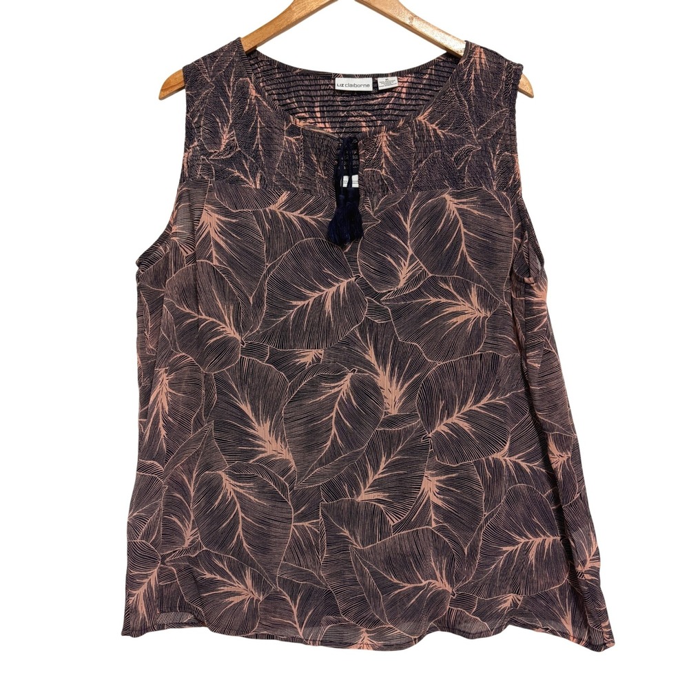 Liz Claiborne Blouse Womens XL Navy Leaf Layered Tropical Boho Coastal Summer